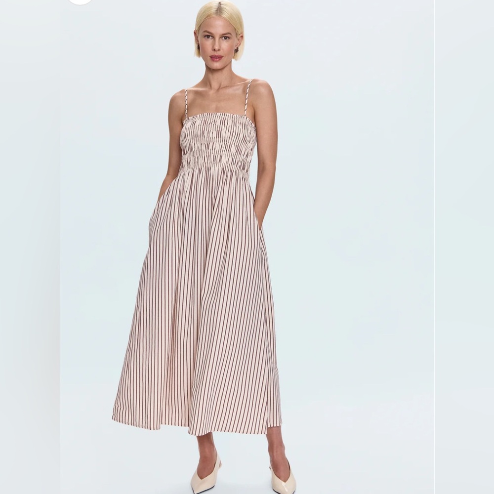 Pistola Cream and Brown Striped Midi Dress
